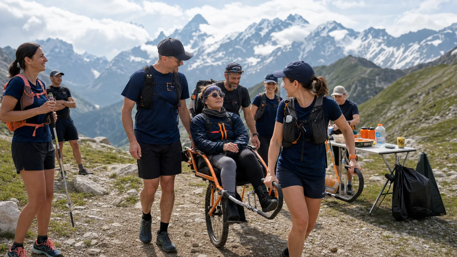 Participants et bénévoles réunis autour d'une joëlette lors d'un événement outdoor inclusif en montagne