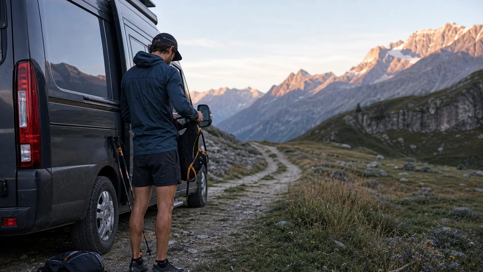 Athlète outdoor préparant son équipement près d'un van en montagne
